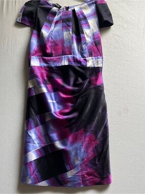 Bebe Silk Purple & Black Satin Printed Midi Dress Size M - 100% Silk